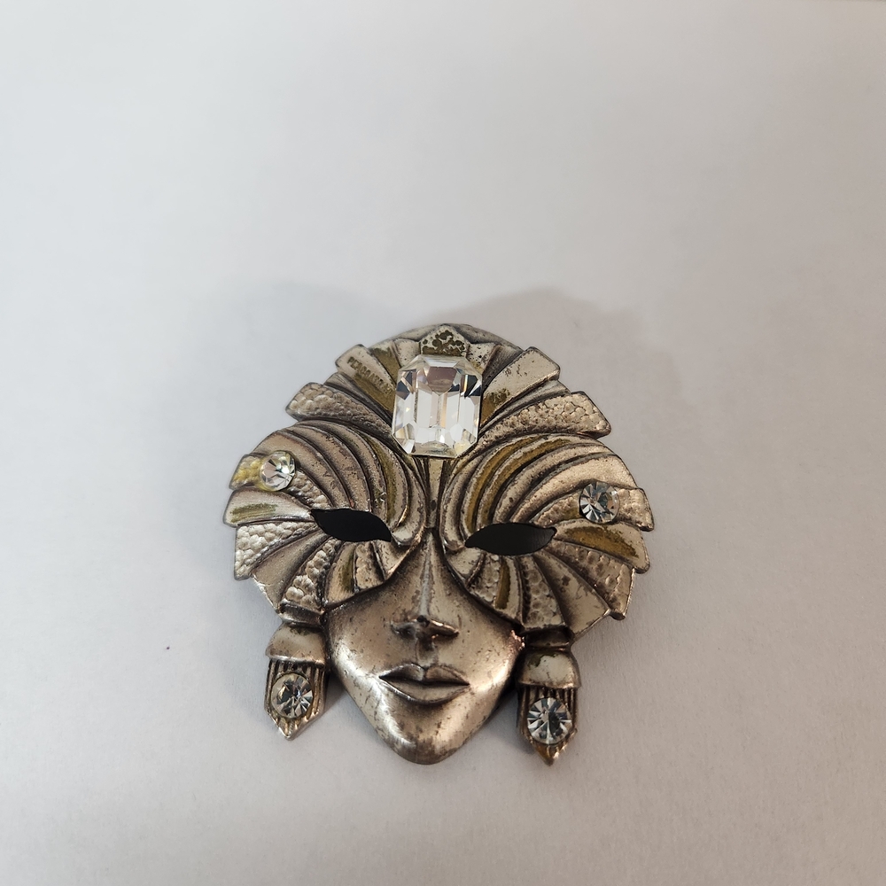 Vintage Pewter Mask Brooch with Rhinestones